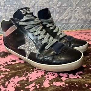 Golden Goose Black Leather Sneakers with Silver Glitter Star
